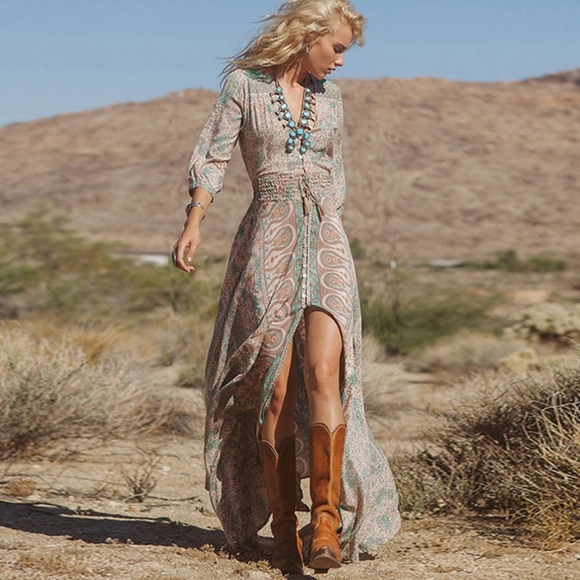 Dresses & Skirts - Boho Sheer Maxi Dress Floral Print Button Front Shirred Tie Waist S-M